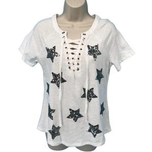 NWOT INC Womens White Lace Up Glitter Stars Tee Shirt Size S
